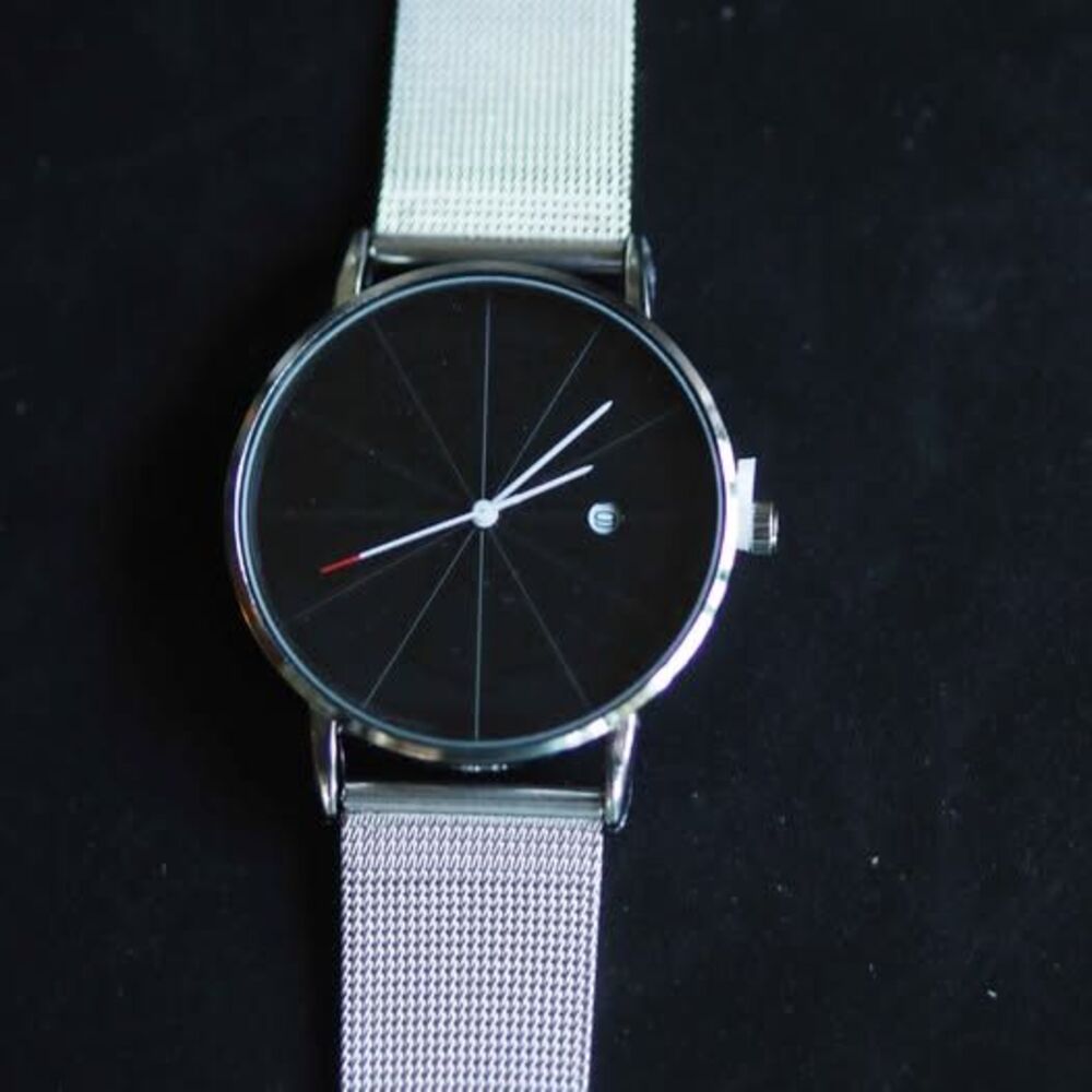 Man's Black Dial Watch with Silver Mesh Band
